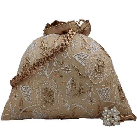 Handmade Beige Chikankari Silk Potli Bag for Women